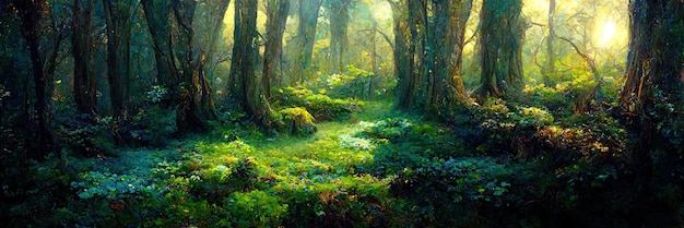 Sol de forêt vert fantaisie, arbres, nature, vert, lumière. Paysage forestier. Illustration numérique