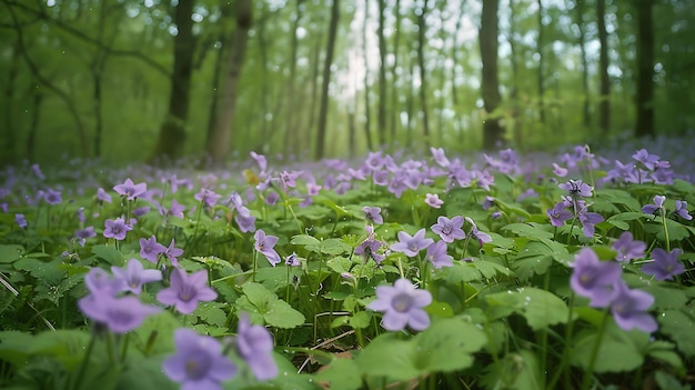 Un sol de forêt vert luxuriant est couvert d'une couverture de fleurs violettes délicates Les fleurs sont petites et délicates avec cinq pétales chacune