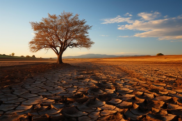 Le sol frappé par la sécheresse porte un arbre isolé représentant les changements climatiques impact de la pénurie d'eau