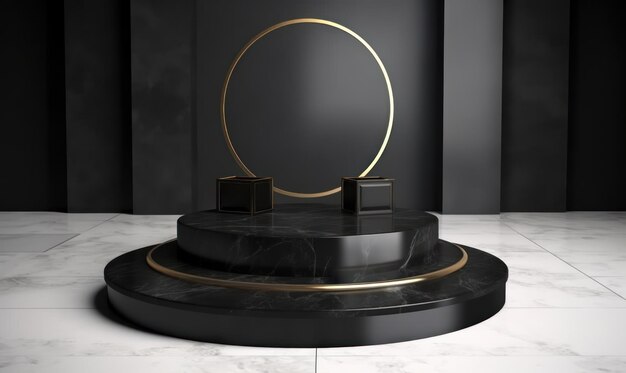 Un sol en marbre noir avec un cercle doré rond au milieu.