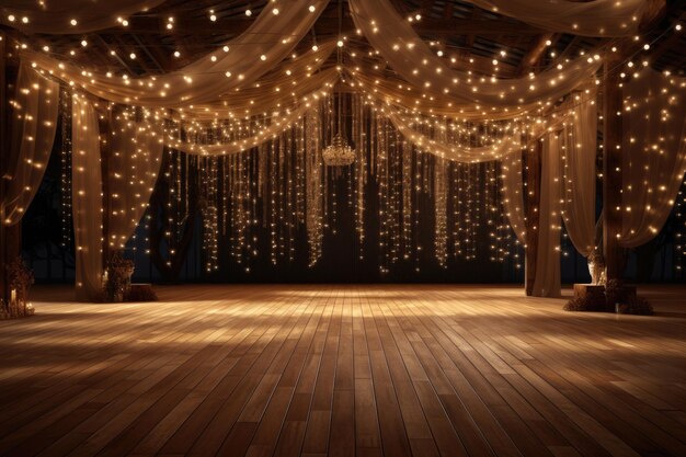 Un sol de mariage en bois avec des lumières scintillantes et un arrière-plan flou pour les événements et les célébrations du festival