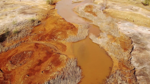 Photo le sol orange est contaminé par des métaux lourds provenant d'une installation industrielle pollution chimique des déchets toxiques du sol