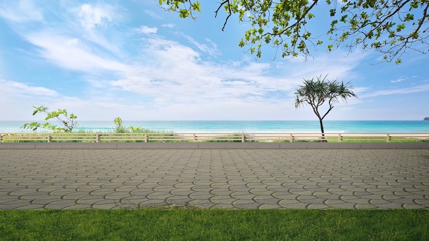 Sol De La Route Pavée Et Grand Jardin Avec Vue Sur La Mer Illustration 3d De La Pelouse D'herbe Verte Vide