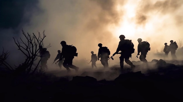 Soldat en action Silhouette de soldats non reconnus avec fusil marchant dans la fumée