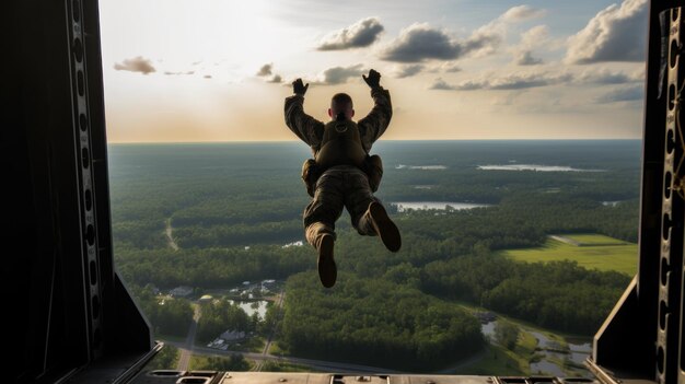 Un soldat aéroporté avec un parachute sur le dos saute d'un avion militaire à la lumière du lever du soleil