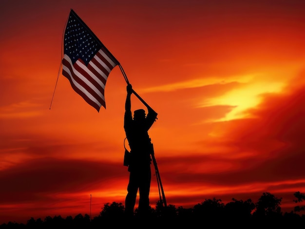 Soldat américain agitant le drapeau JOUR DE L'INDÉPENDANCE