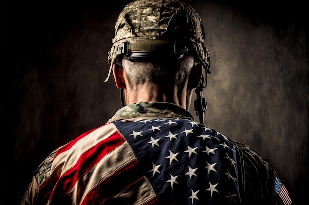 Soldat américain courageux fort avec le drapeau américain