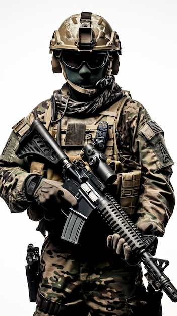 un soldat américain avec un masque dans l'uniforme de combat complet contre un fond blanc