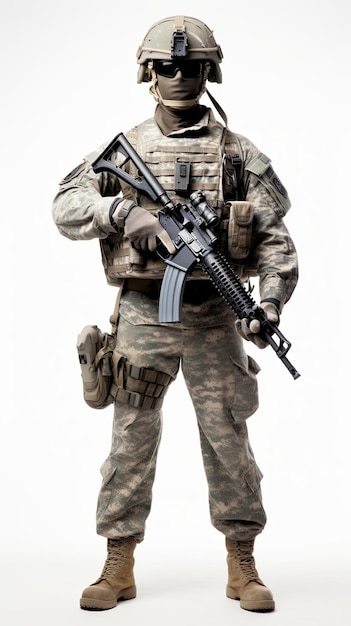 un soldat américain avec un masque dans l'uniforme de combat complet contre un fond blanc