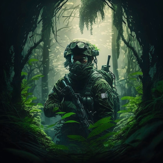 Un soldat ou une armée dans la forêt sombre avec une jungle verte
