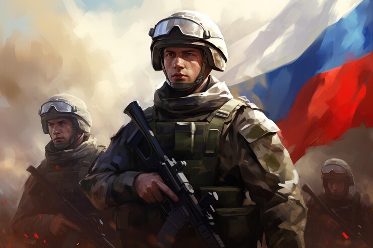 Soldat de l'armée russe avec drapeau Soldats de l' armée russe avec le drapeau de la Russie en arrière-plan Ai généré
