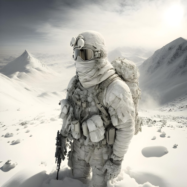 Un soldat de l'armée en uniforme de combat avec fusil d'assaut, porte-plaque et casque de combat est allumé dans la neige m