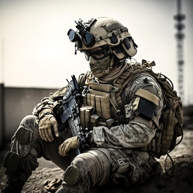 Soldat de l'armée en uniforme de combat avec porte-plaque de fusil d'assaut et photo d'action de casque de combat