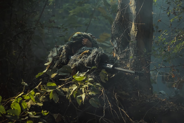 Soldat de l'armée en uniforme de protection tenant le fusil. Fusil d'assaut de soldat des forces spéciales avec silencieux.