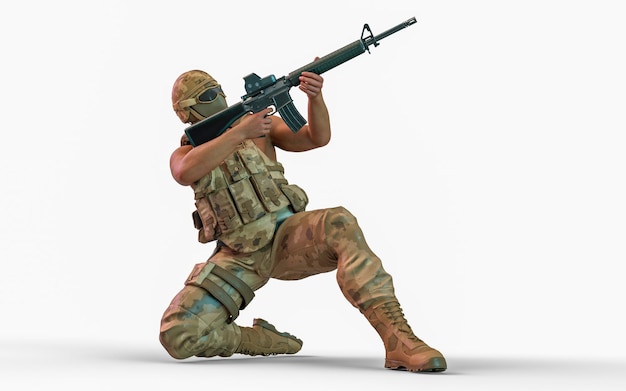 SOLDAT DE BATAILLE AVEC RENDU 3D D'ARRIÈRE-PLAN ISOLÉ