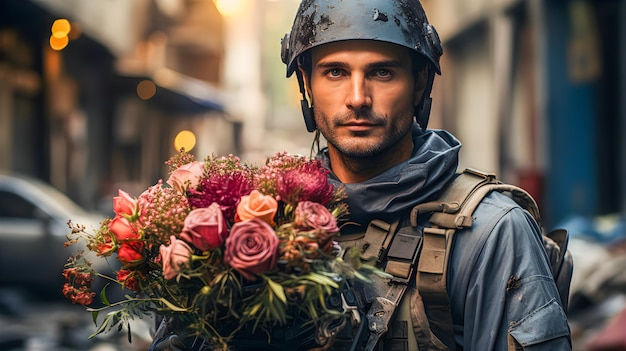 Soldat avec un beau bouquet de fleurs à la guerre Symbole de la paix Journée mondiale de la paix et non à la guerre