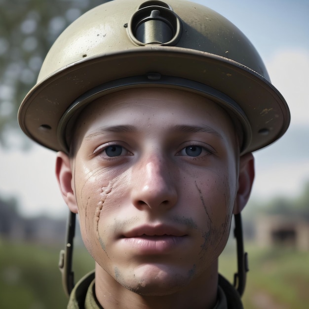 Un soldat avec un casque militaire vert et une larme sur le front.