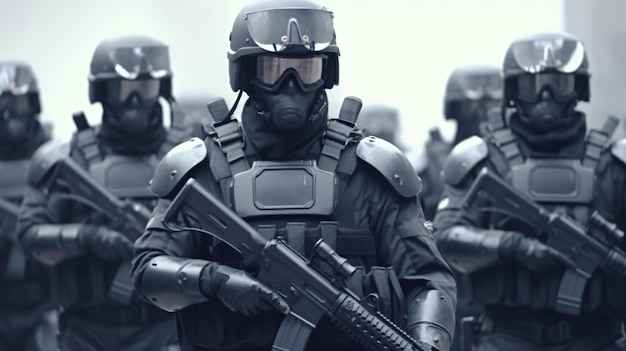 Photo un soldat avec un casque et un pistolet à la main se tient devant d'autres soldats