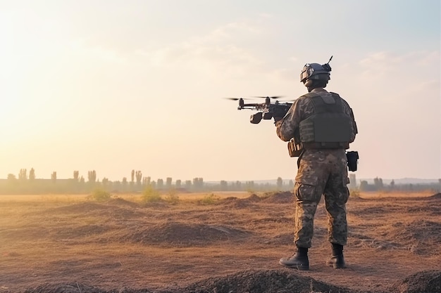 Soldat sur le champ de bataille avec un drone militaire