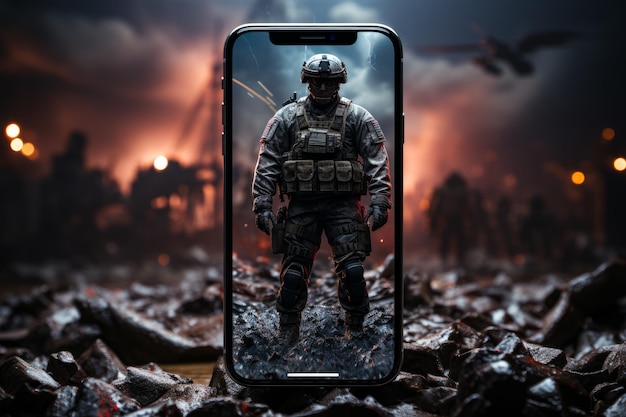 Un soldat sur le champ de bataille regardant son téléphone portable.