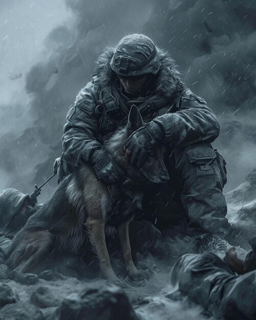 un soldat avec un chien et un chien dans la neige