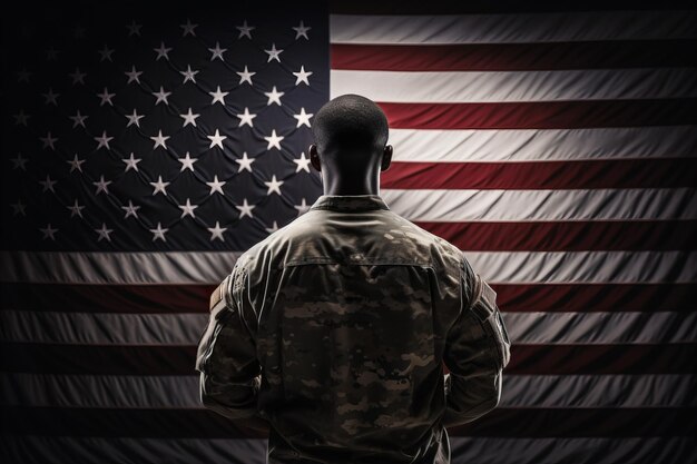 Photo un soldat courageux et héroïque salue le majestueux drapeau américain dans son impeccable uniforme générateur d'ia