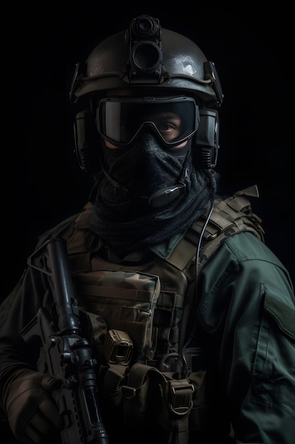 Soldat dans un casque avec une arme à feu sur son visage