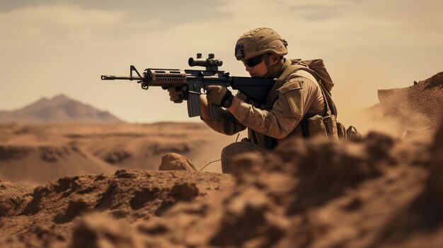 Photo un soldat dans le désert tire avec son fusil.