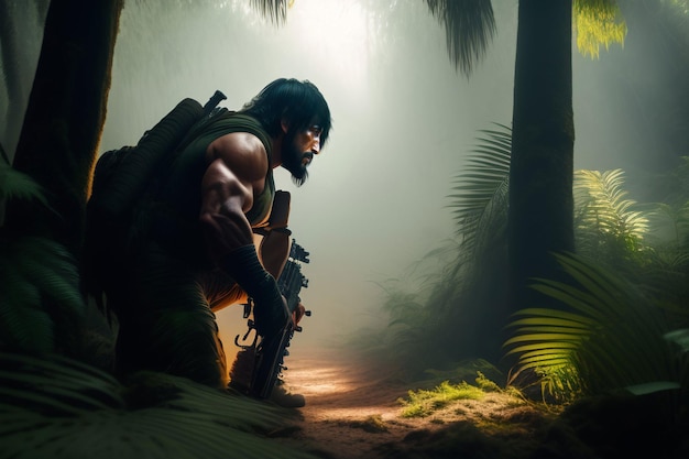 Un soldat dans une jungle avec un fusil à la main