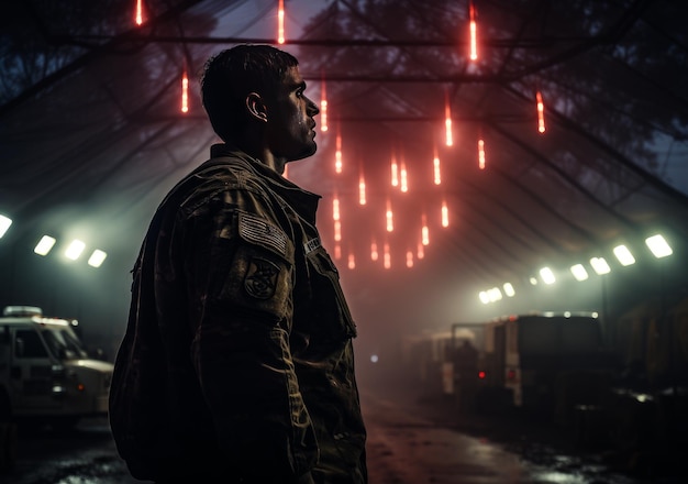 Soldat debout dans un hangar sombre avec des lumières rouges