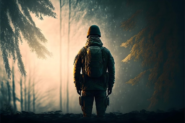 soldat debout seul après la guerre sur le champ de bataille, vieille forêt, ai générative