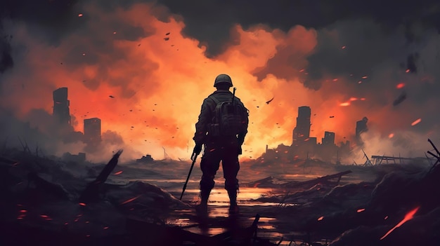 soldat debout seul après la guerre sur le champ de bataille