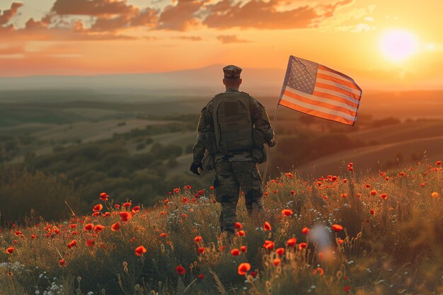 Soldat avec un drapeau américain dans un champ de pavots au coucher du soleil Memorial Day