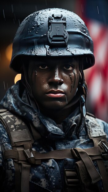 un soldat avec un drapeau derrière lui est en face d'un drapeau