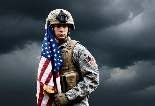 un soldat avec un drapeau et un nuage d'orage sombre derrière lui