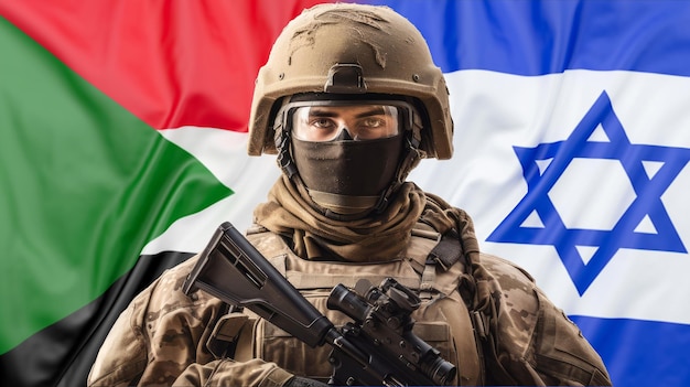 Soldat avec des drapeaux fusionnés d'Israël et de Palestine en arrière-plan