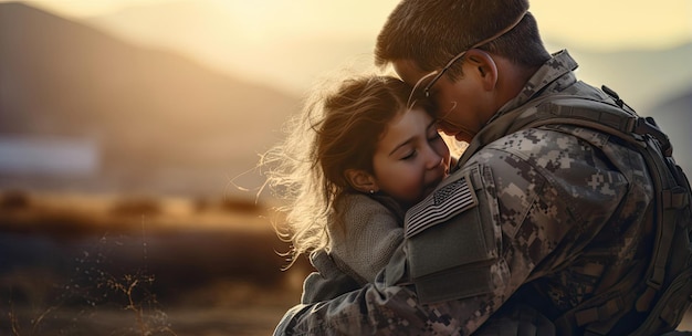 Un soldat embrassant une jeune fille dans un champ paisible