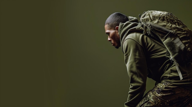 Photo un soldat fatigué en tenue de repos et regardant vers le bas