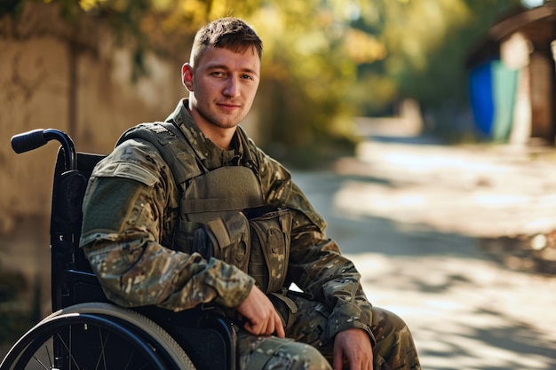 Un soldat en fauteuil roulant prend une pause et s'assoit au bord de la route.