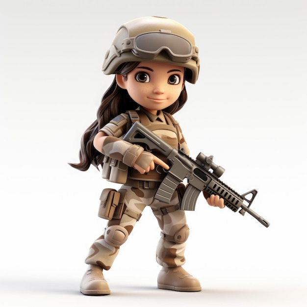 Soldat féminin de dessin animé 3D sur fond blanc