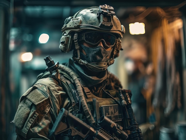 Soldat des forces spéciales de l'armée américaine en uniforme et casque avec fusil d'assaut Créé avec la technologie Generative AI