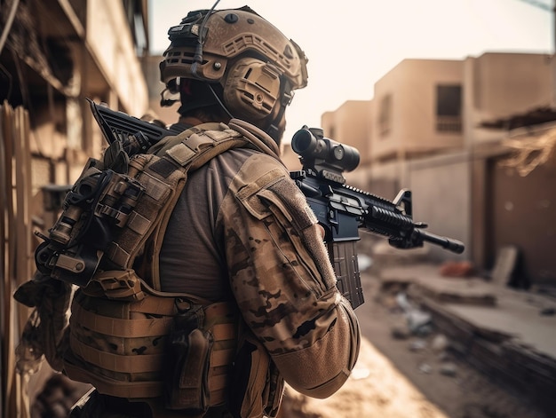 Soldat des forces spéciales de l'armée des États-Unis en uniforme et casque avec fusil d'assaut créé avec la technologie d'IA générative