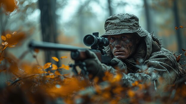 Soldat des forces spéciales dans la forêt avec un fusil de tireur d'élite.