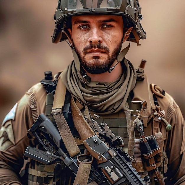 Un soldat avec un fusil et un casque qui dit le mot armée dessus.
