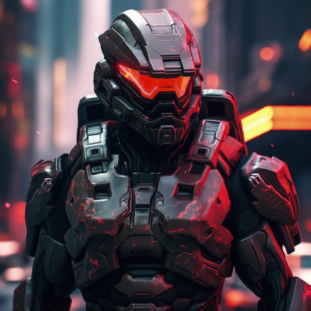 un soldat futuriste dans le style cyberpunk avec des accents rouges IA générative