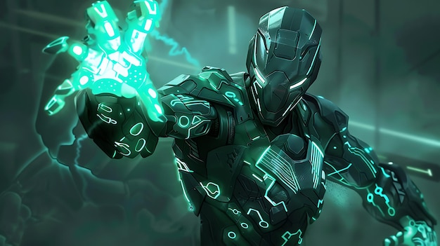 Soldat futuriste portant un casque et une armure avec des éléments verts lumineux