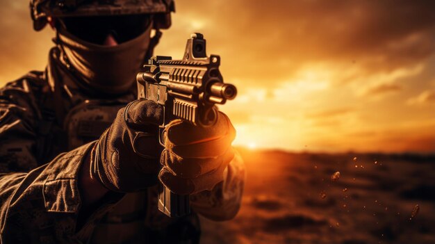 Soldat gardant la vue sur une arme moderne en regardant de côté