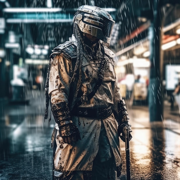 Un soldat en imperméable se tient sous la pluie avec le mot guerre sur le devant.