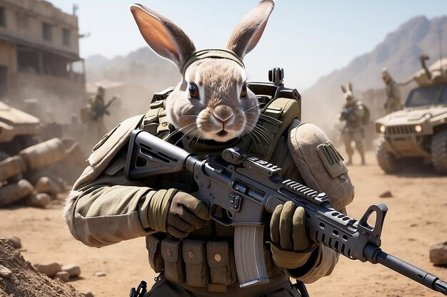 Un soldat lapin prêt à la guerre avec des armes avancées