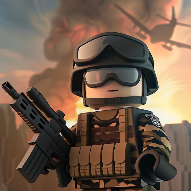 Photo un soldat en lego avec un pistolet à la main et les mots armée sur le fond